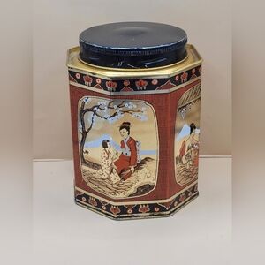 Vintage J.A. Company Tea Tin Geisha Asian Scene Metal Octagonal 6"